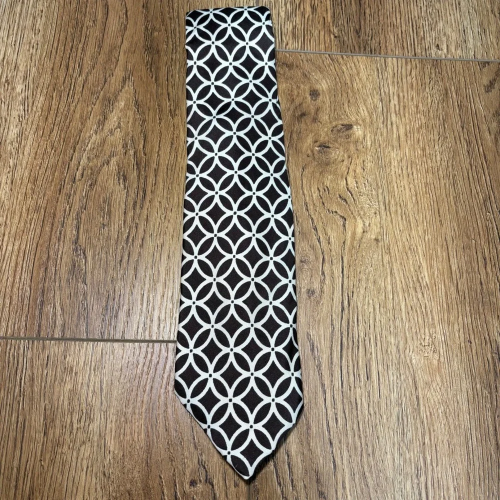 VTG Sears Kings Road Shop Mens 100% Silk Tie Brown Geometric AOP Luxury retro